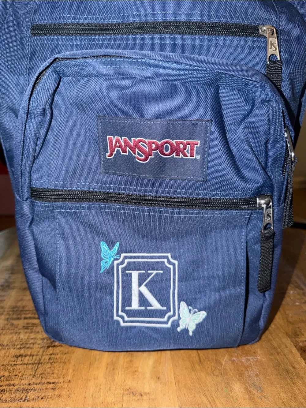 JanSport Navy Blue Backpack with Monogram K and Butterfly Embroidery